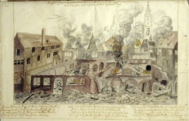 Altes Buch mit einer detaillierten Illustration der Nachwirkungen der Belagerung von Leipzig, das zerstörte Gebäude, Rauch und Text auf den Seiten zeigt.