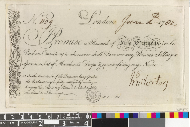 Altes Dokument mit schwarzer und weißer Handschrift, Text und einem Stempel, das Farbskalen und eine Belohnungsankündigung für die Meldung von Fälschungen enthält.