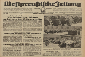 Schwarze und weiße Titelseite einer deutschen Zeitung vom 13. November 1939 mit der Schlagzeile "Weitpreubliche Zeitung", die eine Gruppe von Menschen in traditioneller deutscher Kleidung auf einer Feierlichkeit zeigt.