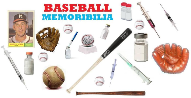 Ein Foto mit Handschuhen, Spritzen, Flaschen, Bällen und Baseballschlägern auf einem weißen Hintergrund mit Text oben.