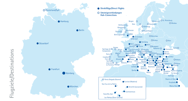 Eine Deutschlandkarte, die wichtige Städte, Hauptstädte und Flugrouten von Frankfurt nach München anzeigt.