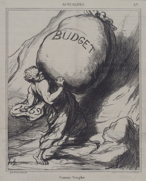 Ein Mann in einem langen Gewand trägt einen großen Ball mit dem Wort 'Budget' in fetter Schrift und hält ihn fest entschlossen.