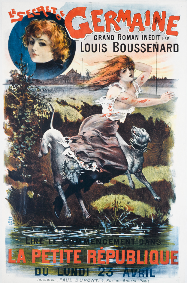 Ein französischer Filmplakat für "Das Geheimnis Deutschlands" mit einer Frau mit einem menschlichen Gesicht umgeben von Tieren, Pflanzen und Wasser mit Text darauf.