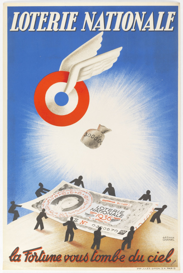 Plakat für eine nationale Lotterie mit einer Illustration eines Vogels, der über einen Stapel Geld fliegt, mit Text, der die Lotterie und ihre Vorteile ankündigt.
