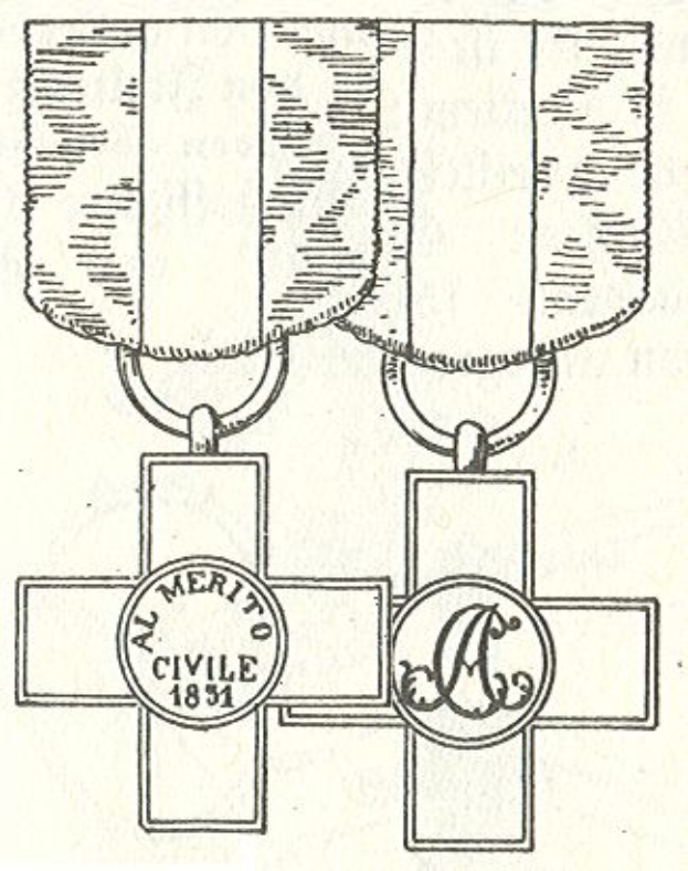 Eine Zeichnung eines Kreuzes mit zwei Medaillen, darunter das Verdienstkreuz von 1831, mit einer Inschrift auf der linken Medaille.