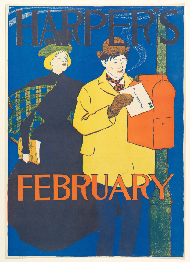 Ein Plakat für Harpers Februar, das einen Mann mit einem Stück Papier und eine lachende Frau zeigt, die nebeneinander stehen, mit Text, der ein Ereignis beschreibt.