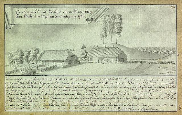 Ein verblichenes Dokument mit der Aufschrift "Surgensburg, Deutschland - Landschaft eines Hofes" zeigt einen Hof umgeben von Häusern, Bäumen und einem Himmel.
