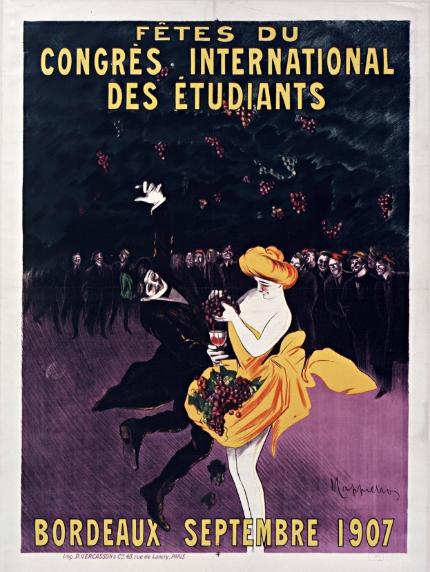 Plakat für eine Weinprobe in Bordeaux im Jahr 1907 mit einer Frau in gelbem Kleid und einem Weinglas, umgeben von einer Menge, mit Werbetext.