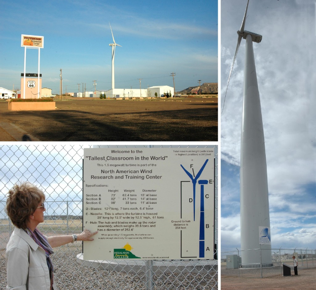 Ein Collage-Bild mit Windrädern, Strommasten, Kabeln, Gebäuden, Hügeln, einem bewölkten Himmel, einer Person auf dem Boden, Informationsschildern und Bäumen.