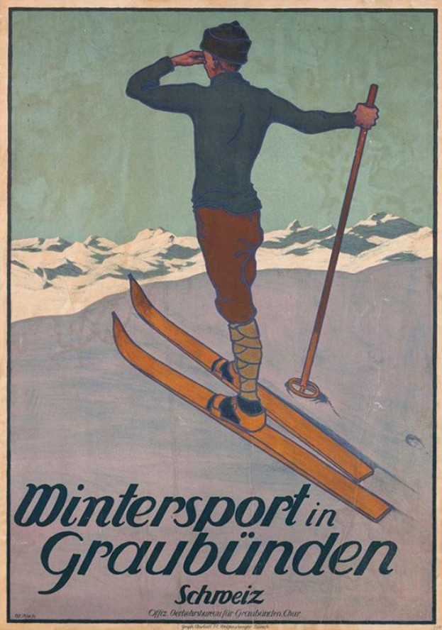 Eine Person auf Skiern mit einem Stock in der Hand vor schneebedeckten Bergen auf einem Plakat, das einen Wintersport in Graubünden, Schweiz, bewirbt, mit Text, der Informationen zum Sport enthält.