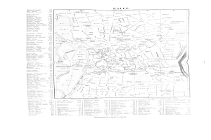 Schwarze und weiße Karte von Halle, Deutschland, zeigt detaillierte Straßennamen und Stadtplan.