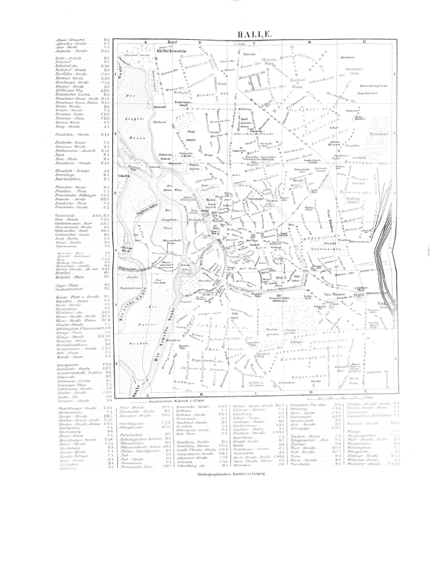 Schwarze und weiße Karte von Halle, Deutschland, zeigt detaillierte Straßennamen und Stadtplan.