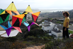 Ein Mann in einem gelben T-Shirt hält ein Seil, das an einem Kite befestigt ist, mit Häusern, Bäumen und dem Himmel im Hintergrund.