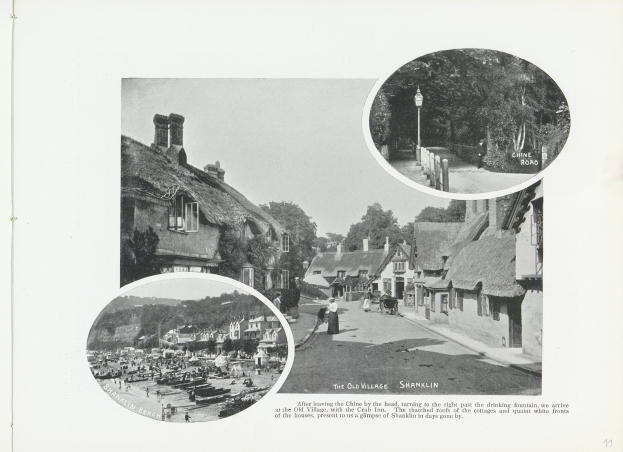 Schwarzes und weißes Foto eines Dorfs mit Reetdächern, Straßenlaternen, Menschen auf der Straße, Bäumen und einem klaren Himmel, mit Text unten.
