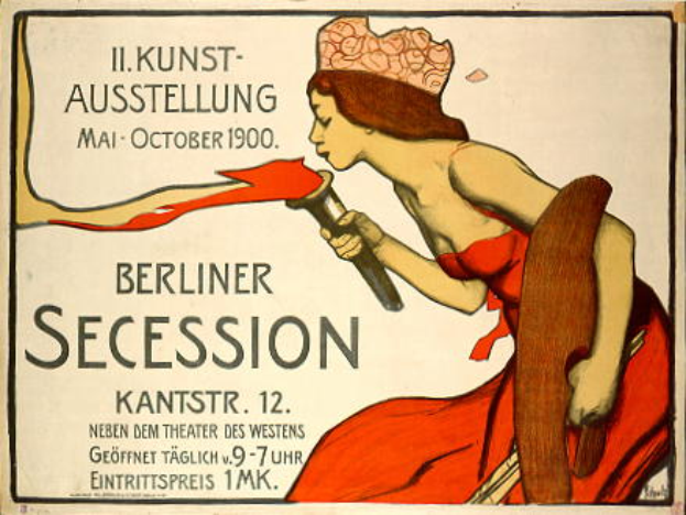 Ein Plakat aus dem Jahr 1900, das eine Berliner Secession ankündigt und eine Frau in einem roten Kleid zeigt, die ein Objekt hält und mit Texten versehen ist.
