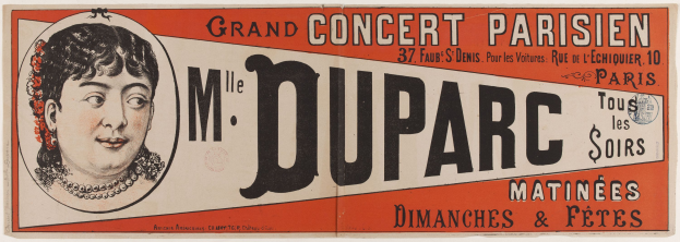 Ein Plakat, das ein großes Konzert in Paris ankündigt, zeigt das Gesicht einer Frau und Text, der das Ereignis beschreibt.