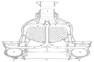 Ein detailliertes Patent-Zeichnung einer Dampfmaschine, die Kolben, Ventile und andere Komponenten zeigt, mit begleitendem Text, der ihren Zweck und ihre Funktion beschreibt.