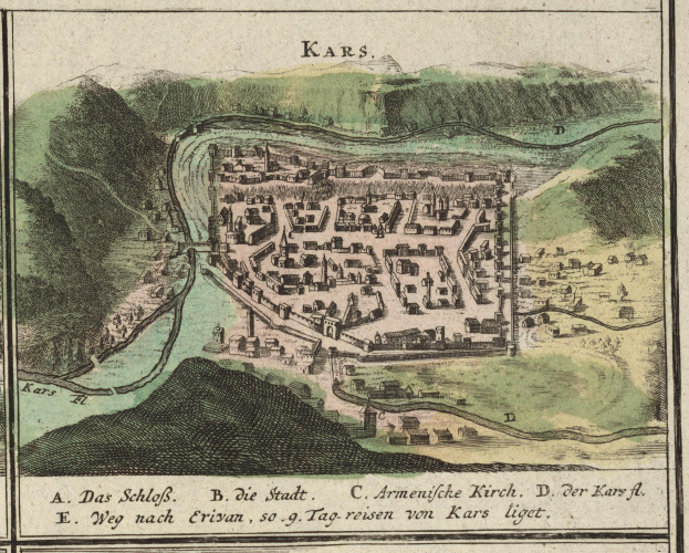 Ein altes Stadtplan von Karlsruhe, Deutschland, das Gebäude, Bäume, Hügel und einen Fluss zeigt, mit Text am unteren Rand.
