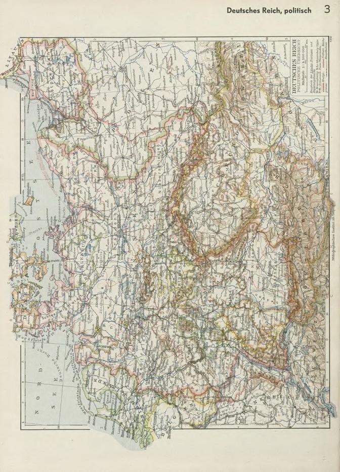 Ein altes 19. Jahrhundert-Karte von Deutschland, die seine politischen Teilungen zeigt, auf Papier mit Text oben und unten gedruckt.