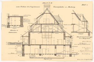 Schwarz-weißes Architekturzeichnung eines Hauses mit zahlreichen Fenstern und einem Dach, beschriftet als erstes Haus in Deutschland, begleitet von detaillierten Plänen und Text.