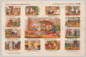 Ein abgenutztes Buch mit illustrierten Kindern, die im Freien spielen