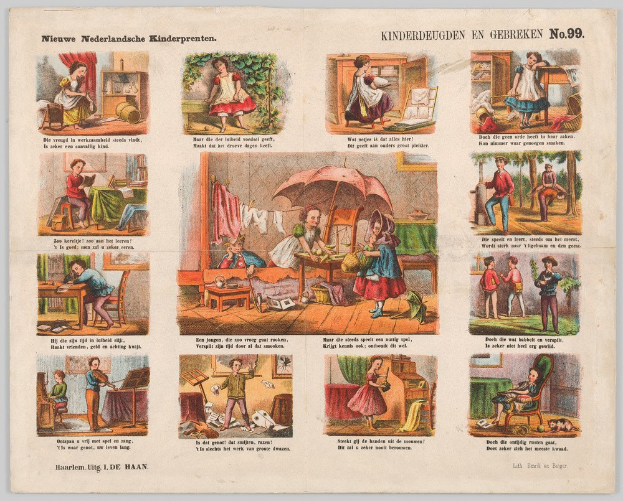 Ein abgenutztes Buch mit illustrierten Kindern, die im Freien spielen