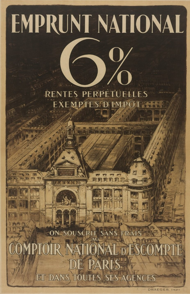 Plakat für einen 6% igen Nationalkredit mit steuerfreien Renten, das ein zweist├Âckiges wei├čes Geb├Ąude mit rotem Dach gegen einen hellblauen Hintergrund zeigt.