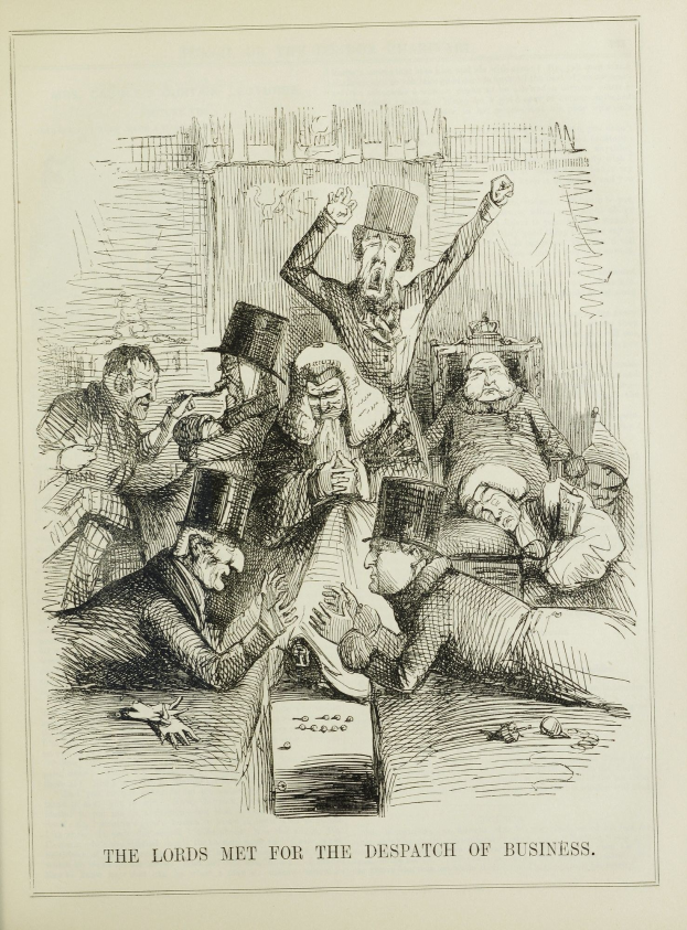 Eine historische Illustration, die eine Gruppe von beunruhigten Menschen in einer Besprechung zeigt, wobei einige ängstlich nach oben blicken und andere verwirrt nach unten schauen, begleitet von dem Text "Die Lords trafen sich zur Geschäftsabwicklung."