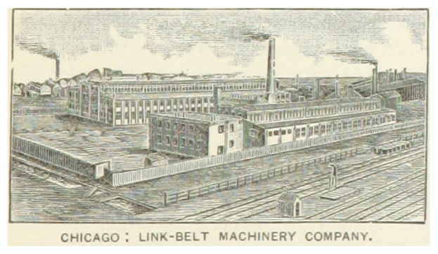 Ein Vintage-Plakat der Chicago Link-Belt Machinery Company, das industrielle Gebäude, Eisenbahnschienen und Rauch aus Schornsteinen zeigt, mit Text unten.
