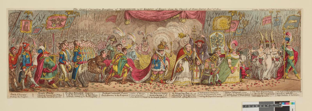 Eine Gruppe von Menschen in bunten Kostümen steht vor einer Bühne mit einem Vorhang, feiert das Große Karnevalsfest Napoleons, des Kaisers von Frankreich, aus der Kirche Saint-Denis, Dezember 1785, einige halten Fahnen und Dekorationen.