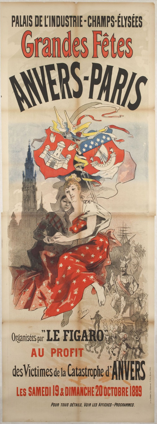 Plakat für "große Feierlichkeiten anivers-paris" mit einer Frau in rotem Kleid und einem menschlichen Gesicht in der Mitte und Text mit Veranstaltungseinzelheiten.