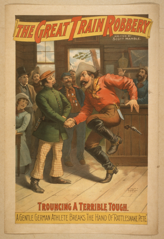 Ein Plakat, das eine Gruppe von Menschen zeigt, die drinnen stehen, einer hält eine Waffe, mit Text oben und unten: "Die große Zugraub - Trouching a Terrible Tough".