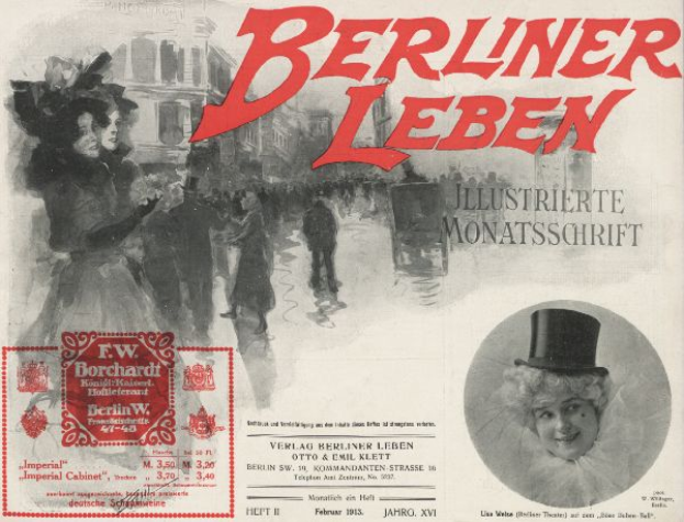 Eine Frau in einem Zylinder und ein Mann in einem Anzug sind in einer Werbung für das Berliner Leben Theater zu sehen, mit Text, einem Stempel und Gebäuden im Hintergrund.