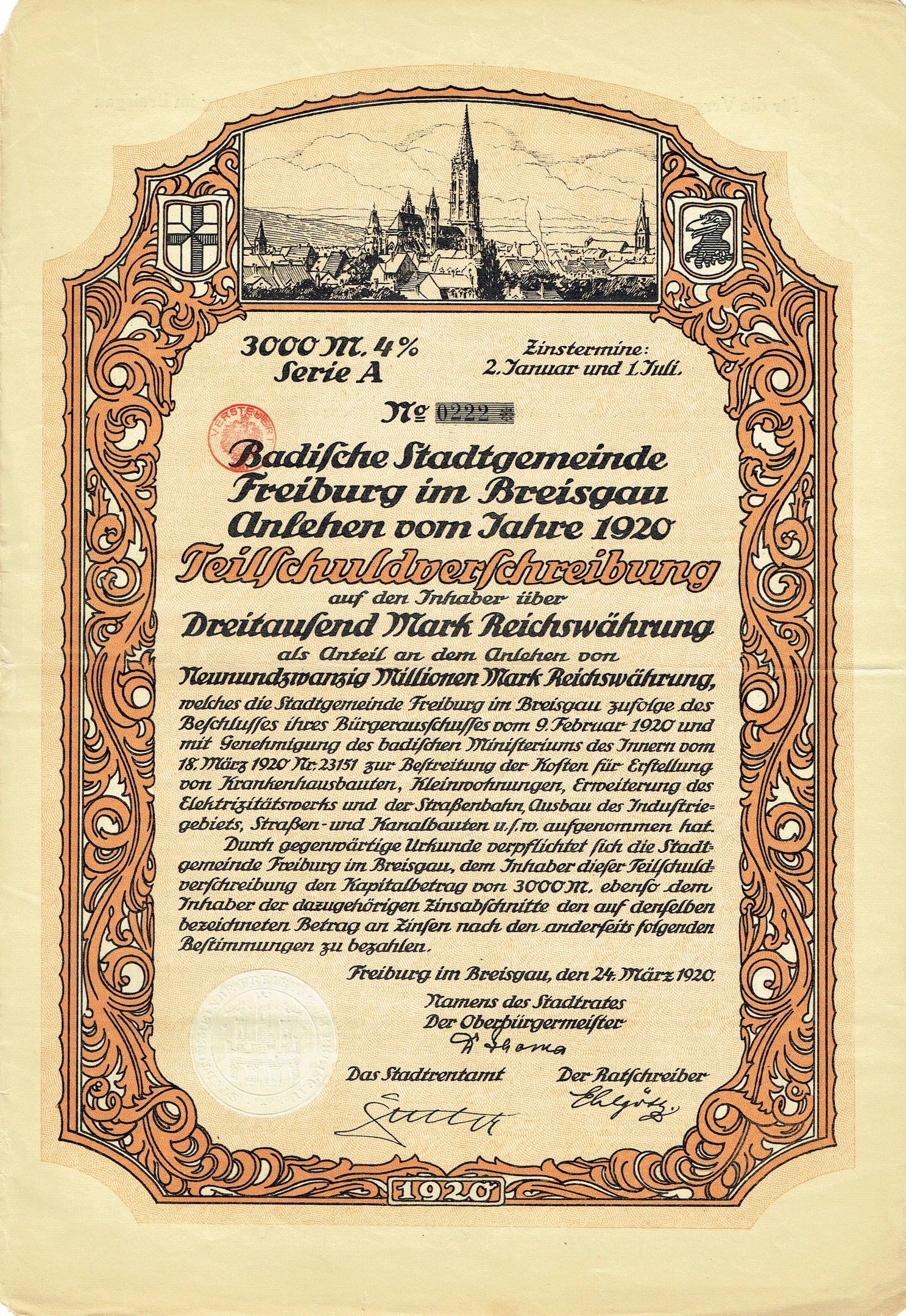 Alter deutscher Aktiencertifikat mit einer Stadtillustration und gedrucktem Text.