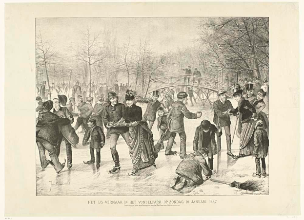 Eine Gruppe von Menschen, die auf einer Eisbahn in einem Park Schlittschuh laufen, mit Bäumen und einer Brücke im Hintergrund und Text unten, der "Het us-vermaak in het vondelpark op zondag 10 januari 1887" liest.