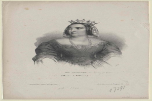 Porträt der Queen Elizabeth I. von England in königlicher Kleidung, einschließlich einer Krone und eines prunkvollen Kleides, mit Text unten.