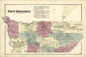 Eine alte Karte von New Bremen, Wisconsin, mit bunten Bezirken und Text, der die Geschäftsanzeigen, Bevölkerung, Straßen und Sehenswürdigkeiten der Stadt beschreibt.