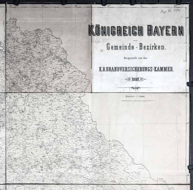 Eine detaillierte schwarz-weiße Karte von Königreich Bayern, Deutschland, die geografische Merkmale wie Flüsse, Berge und Städte zeigt.