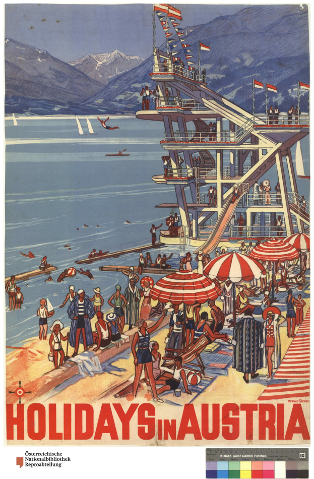 Plakat für Österreich-Urlaub mit Menschen am Strand mit Schirmen, einem Schiff im Hintergrund, Fahnen, Bergen und Text.