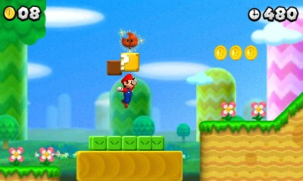 Ein Screenshot aus einem Videospiel, das einen Charakter in einer farbenfrohen, pixeligen Umgebung mit bunten Gebäuden und Bäumen zeigt.