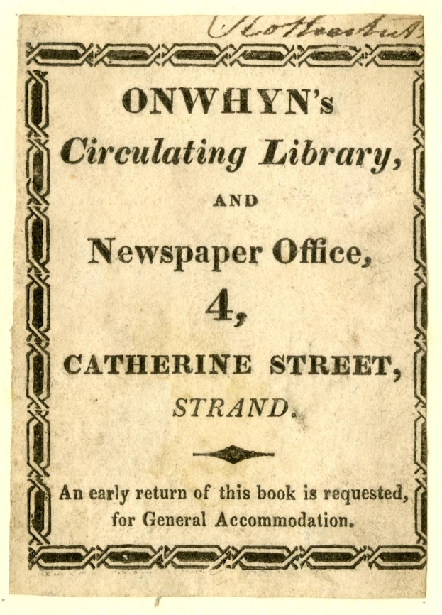 Ein Blatt Papier mit der Aufschrift "Onwhyn's Circulating Library, and Newspaper Office, 4, Catherine Street, Strand".
