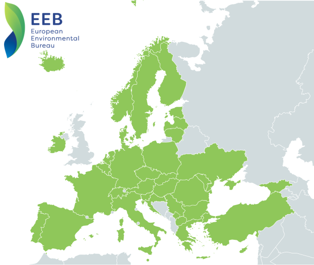 Eine Karte von Europa mit verschiedenen Grüntönen, die verschiedene Regionen der EU darstellen, und das Logo des Europäischen Umweltbundes (EEB) oben links.