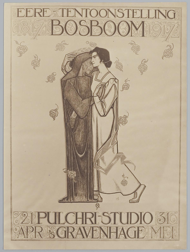 Ein Konzertplakat mit einem Mann im Anzug und einer Frau in einer Schürze, die Seite an Seite mit ernsten Gesichtern stehen, begleitet von Text über das Ereignis.