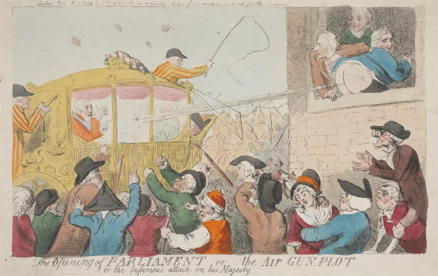 Eine Karikatur von Menschen in einem Auto, einer Person hält einen Stock, mit Text darunter, der "Die Parlamentseröffnung oder der berüchtigte Angriff auf Seine Majestät, die Luftgewehr-Verschwörung" lautet.