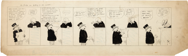 Ein Comic-Strip-Panel mit einem Mann in einem Zylinder und einer Frau in einem Kleid, die in einer Diskussion vertieft sind, wobei der Mann ein Blatt Papier hält.