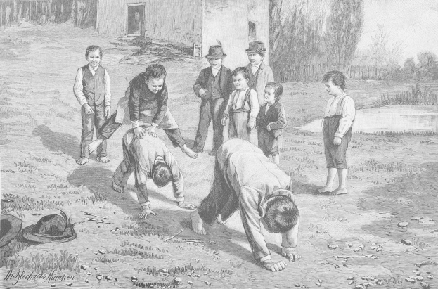 Schwarz-weißes Bild von Kindern auf einem Feld, mit zwei kämpfenden Jungen in der Mitte und anderen Zuschauern, ein Hut auf der linken Seite.