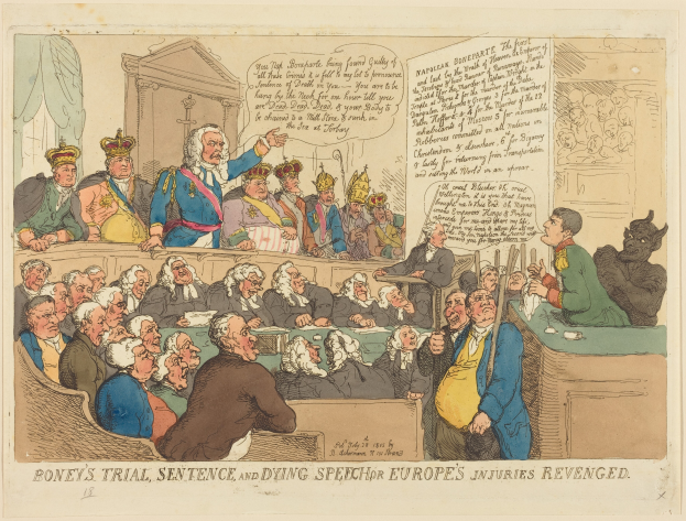 Eine Karikatur einer Gerichtsszene mit einer Gruppe von Menschen auf den Stühlen und einem Mann in der Mitte, ein Tisch mit verschiedenen Gegenständen auf der rechten Seite und Text unten, der "Boney's Trial, Sentence and Dying Speech Europe's Injuries Revenged" lautet.