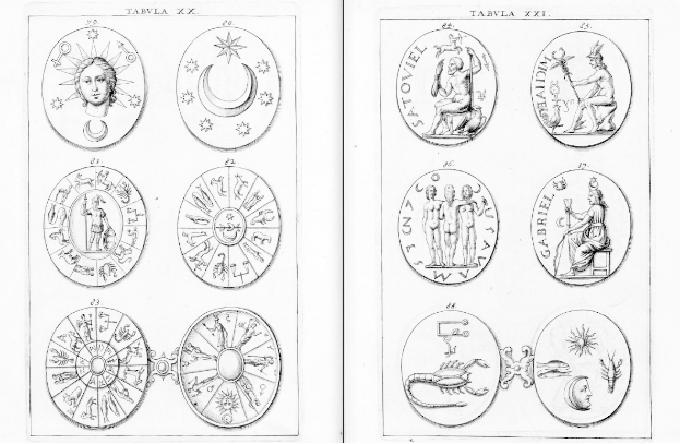 Eine Buchseite mit einem kreisförmigen Arrangement von Sternzeichen, Sonne, Mond und Sternen in der Mitte, umgeben von kursivem Text und einem dekorativen Rand auf einem weißen Hintergrund.