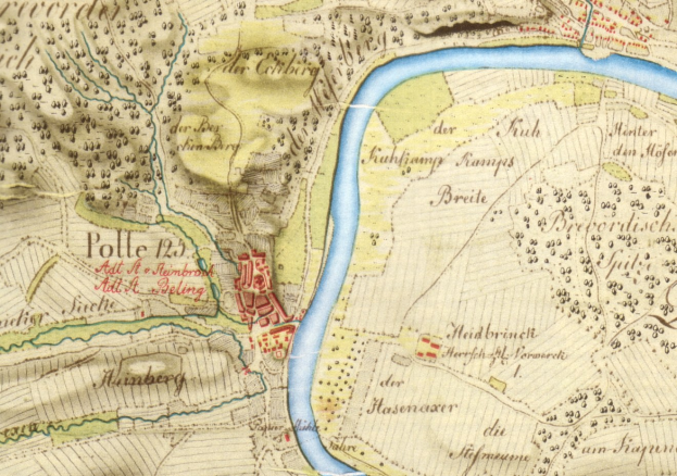 Detailierte alte Karte von Polle, Deutschland, mit einem Fluss, Straße und markierten Gebäuden.