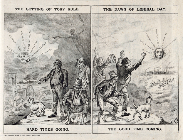 Schwarze und weiße Illustration, die den Übergang von Tory-Regelung zu liberaler Regierung zeigt, mit Menschen, Tieren und Gegenständen.